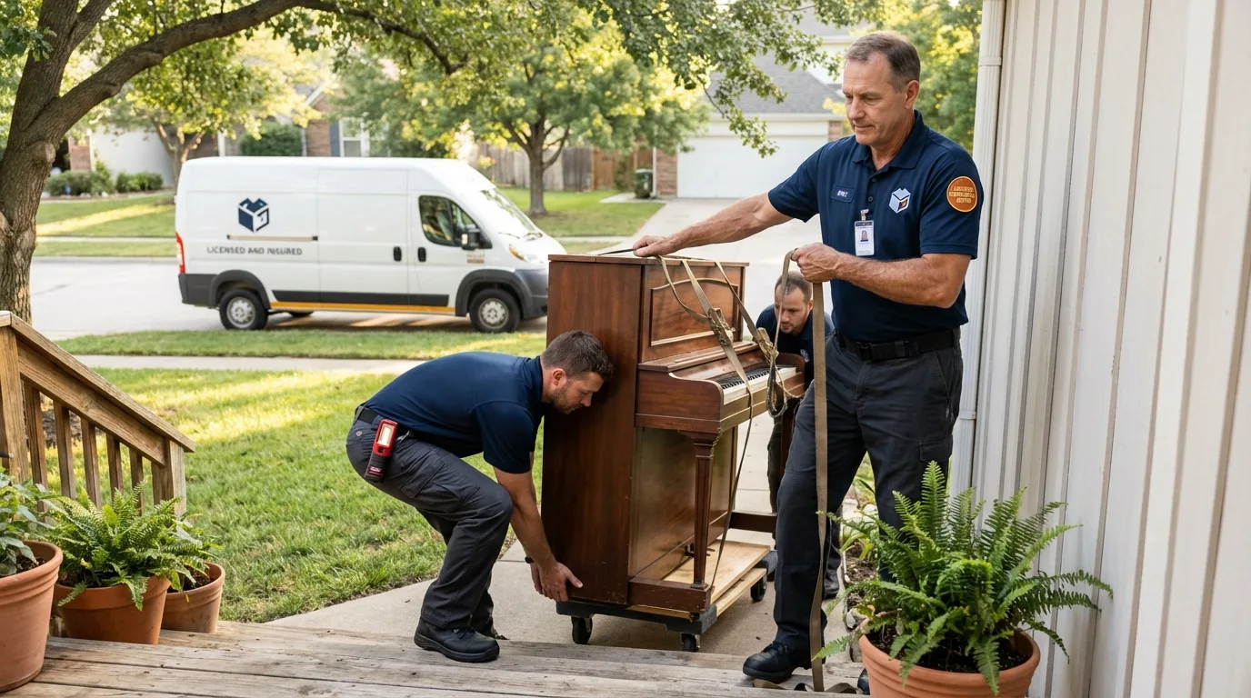 Licensed piano movers securing grand piano in Stone Mountain, GA