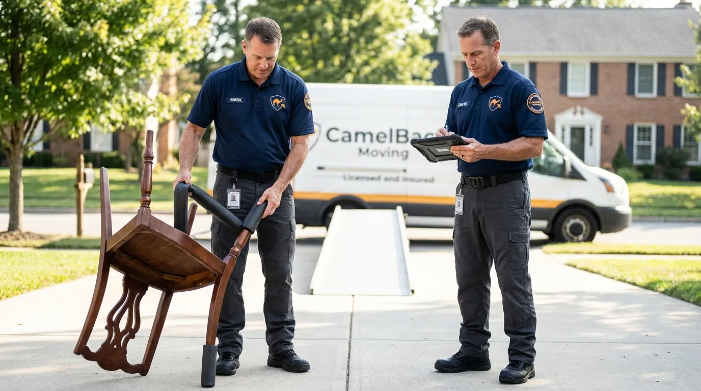 Movers inspecting furniture for damage prevention before loading in Stone Mountain, GA