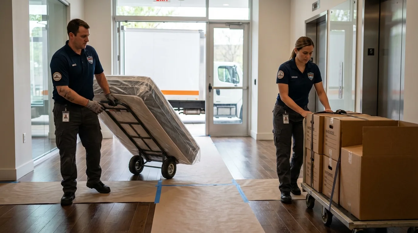 Professional apartment movers loading elevator in Stone Mountain, GA