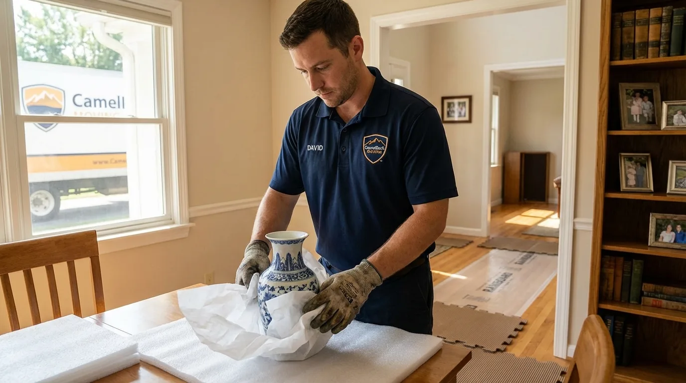 Professional crew carefully wrapping antique vase for senior downsizing move in Stone Mountain, GA